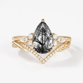 Elegant Motion Romantic Article 2.0CT Pear Shaped Black Rutilated Quartz Infinity Stacking Ring Set 2pcs