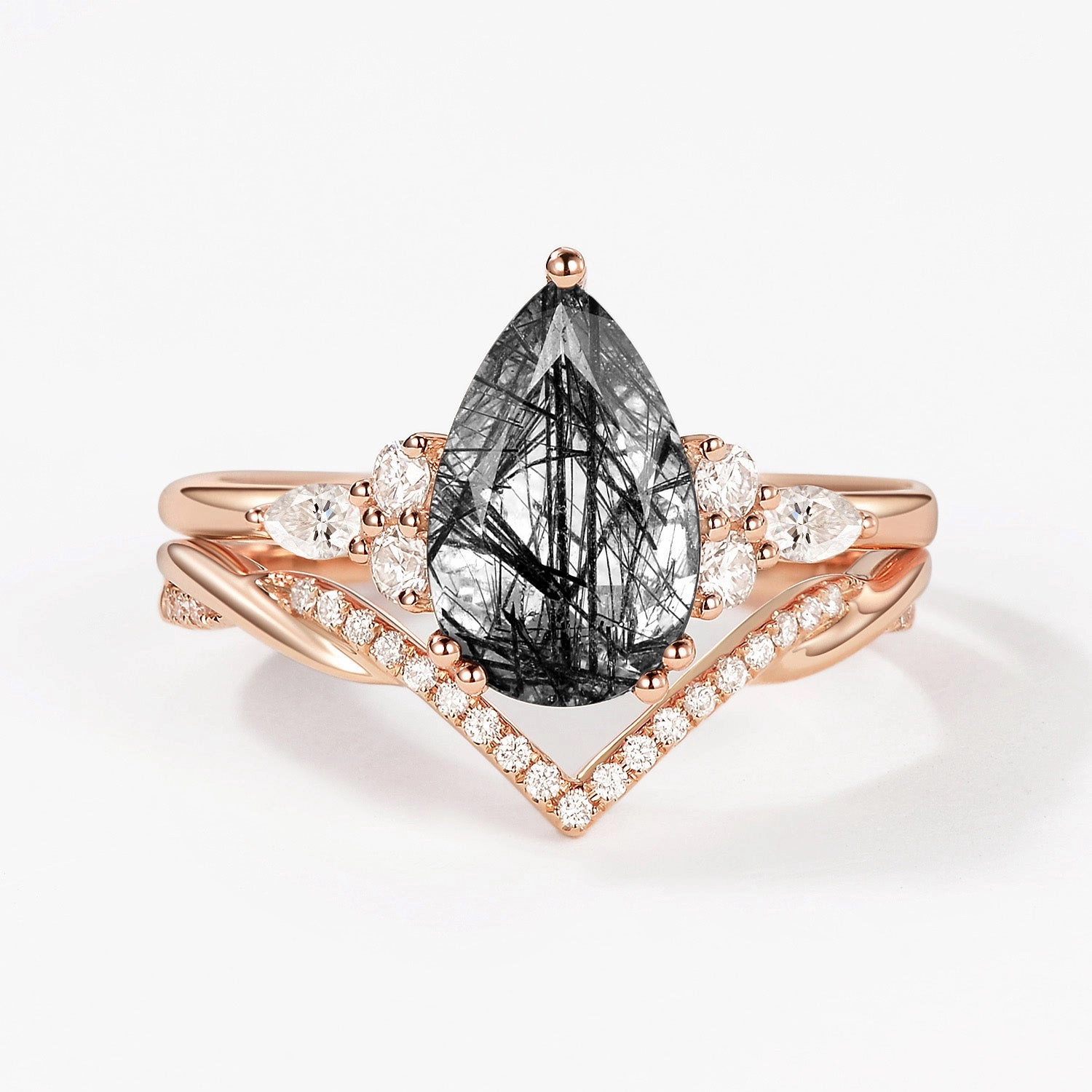 2.0CT Pear Shaped Black Rutilated Quartz Infinity Stacking Ring Set 2pcs Sisterhood Gift