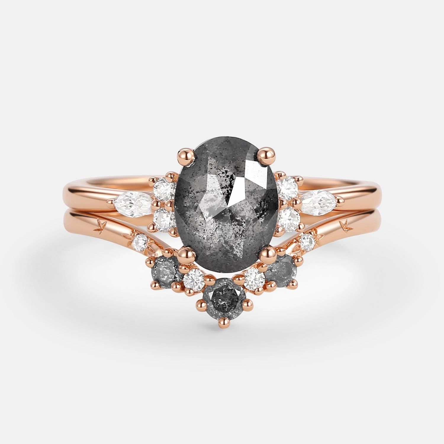 Oval Cut Salt and Pepper Diamonds Engagement Ring Sets 2pcs Luxe Finish Classic Statement