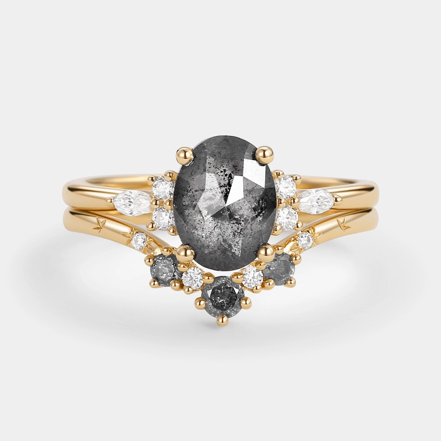 Vibrant Feel Vintage Pop Oval Cut Salt and Pepper Diamonds Engagement Ring Sets 2pcs