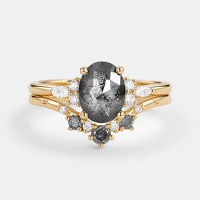 Oval Cut Salt and Pepper Diamonds Engagement Ring Sets 2pcs Festive Outfit Polished Pieces