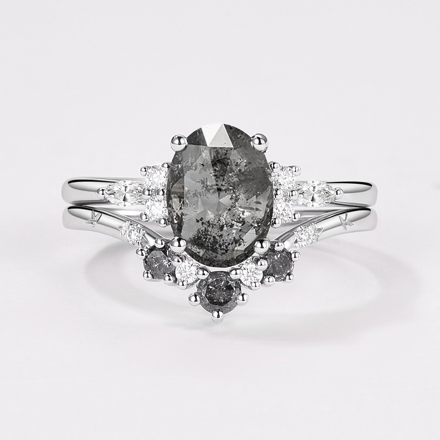 Oval Cut Salt and Pepper Diamonds Engagement Ring Sets 2pcs Artistic Product