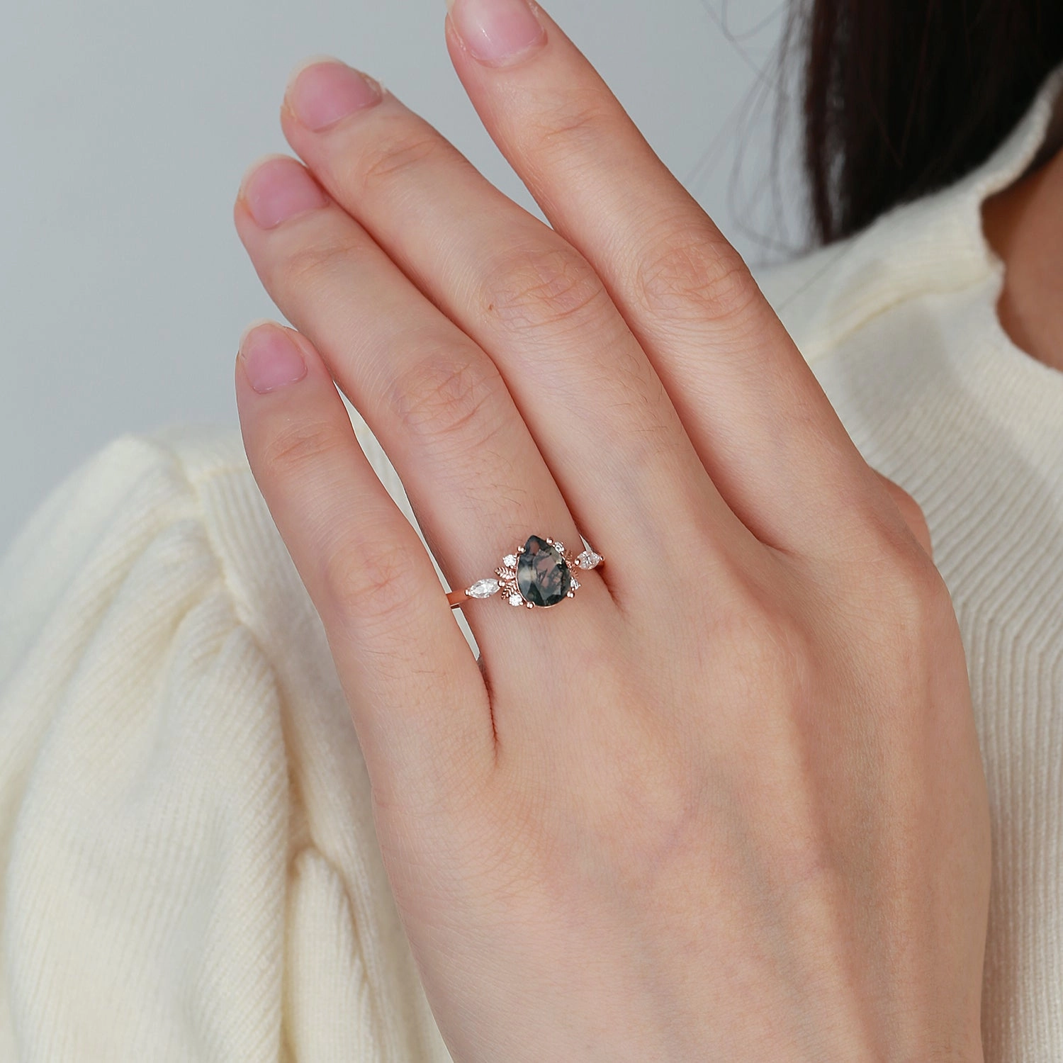 Unique Leafy Pear Shaped Moss Agate Engagement Fairy Ring - Susan Radiant Appeal