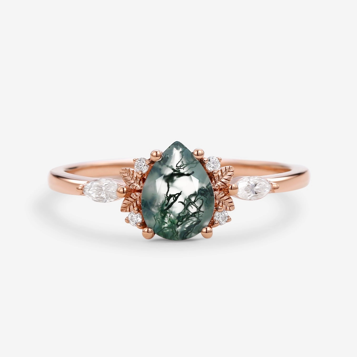 Unique Leafy Pear Shaped Moss Agate Engagement Fairy Ring - Susan Radiant Charm