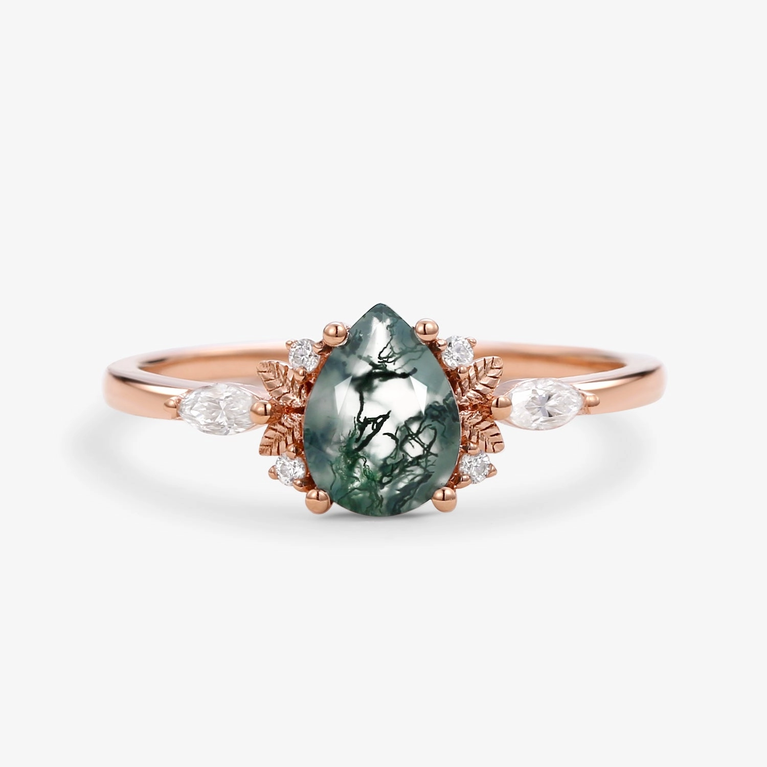 Durable Statement Unique Leafy Pear Shaped Moss Agate Engagement Fairy Ring - Susan