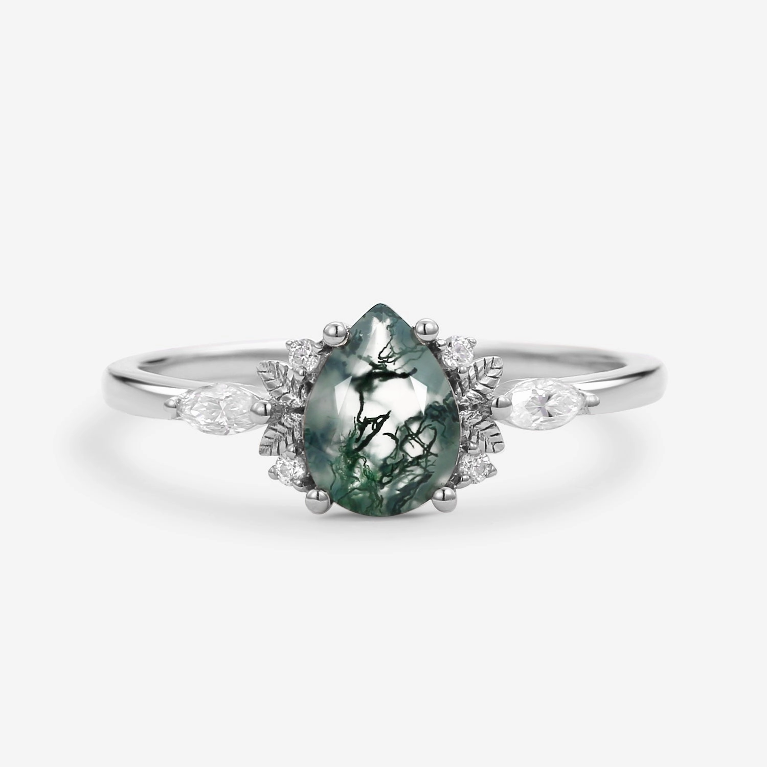 Expressive Highlight Evening Accessory Unique Leafy Pear Shaped Moss Agate Engagement Fairy Ring - Susan