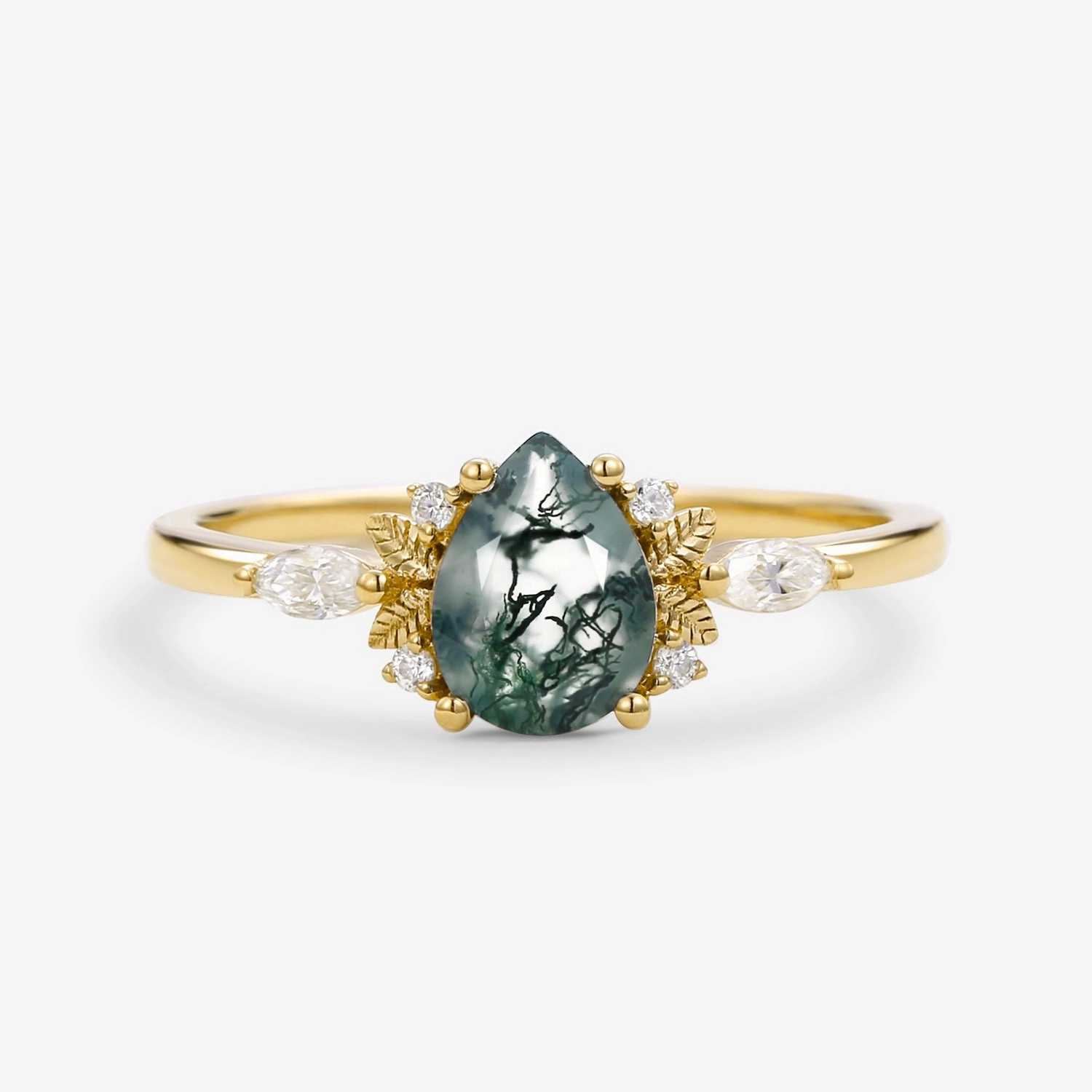 Casual Harmony Unique Leafy Pear Shaped Moss Agate Engagement Fairy Ring - Susan