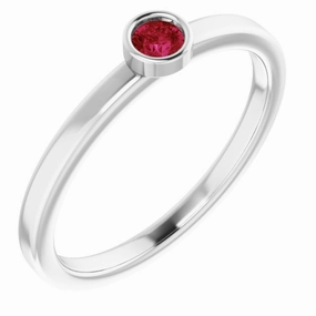 Rhodium-Plated Sterling Silver 3 mm Lab-Grown Ruby Ring Machine Processed