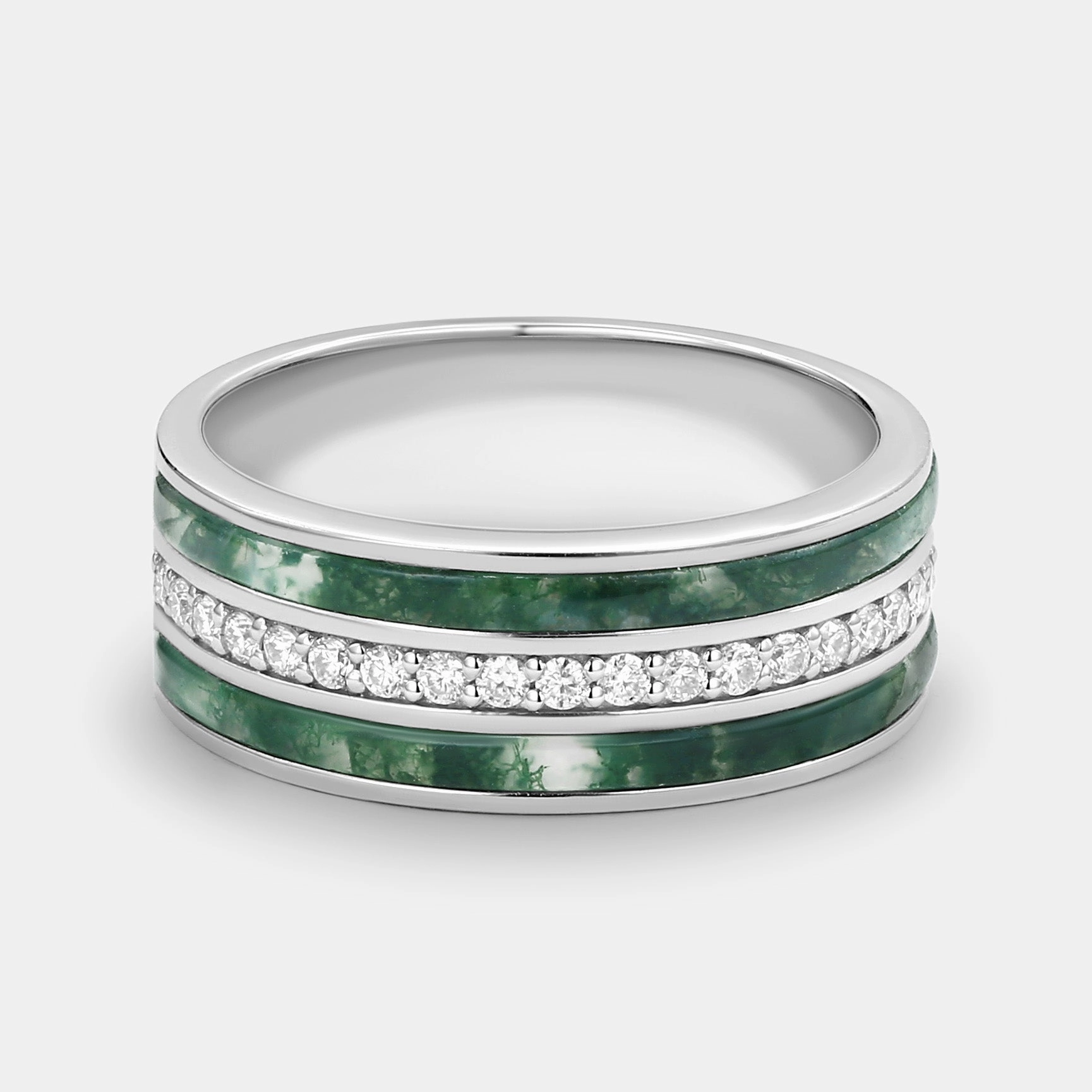 8mm Moss Agate & Moissanite Couple Men's Wedding Band Perfect Accessory Elegant Radiance