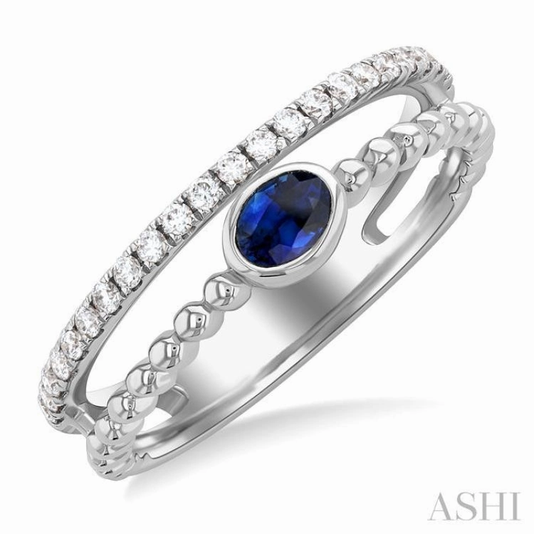4x3 MM Oval Shape Sapphire and 1/5 Ctw Single Cut Diamonds Precious Fashion Split Twin Ring in 10K White Gold Affordable Appearance Bold Jewelry