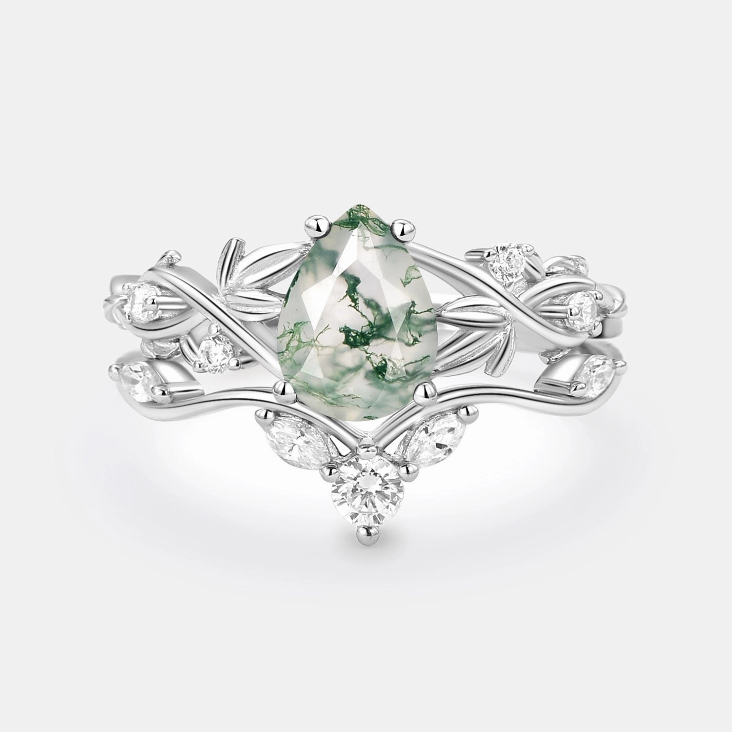 Pear Shaped Moss Agate Three Leaves Bridal Ring Set 2pcs Polished Touch Casual Detail