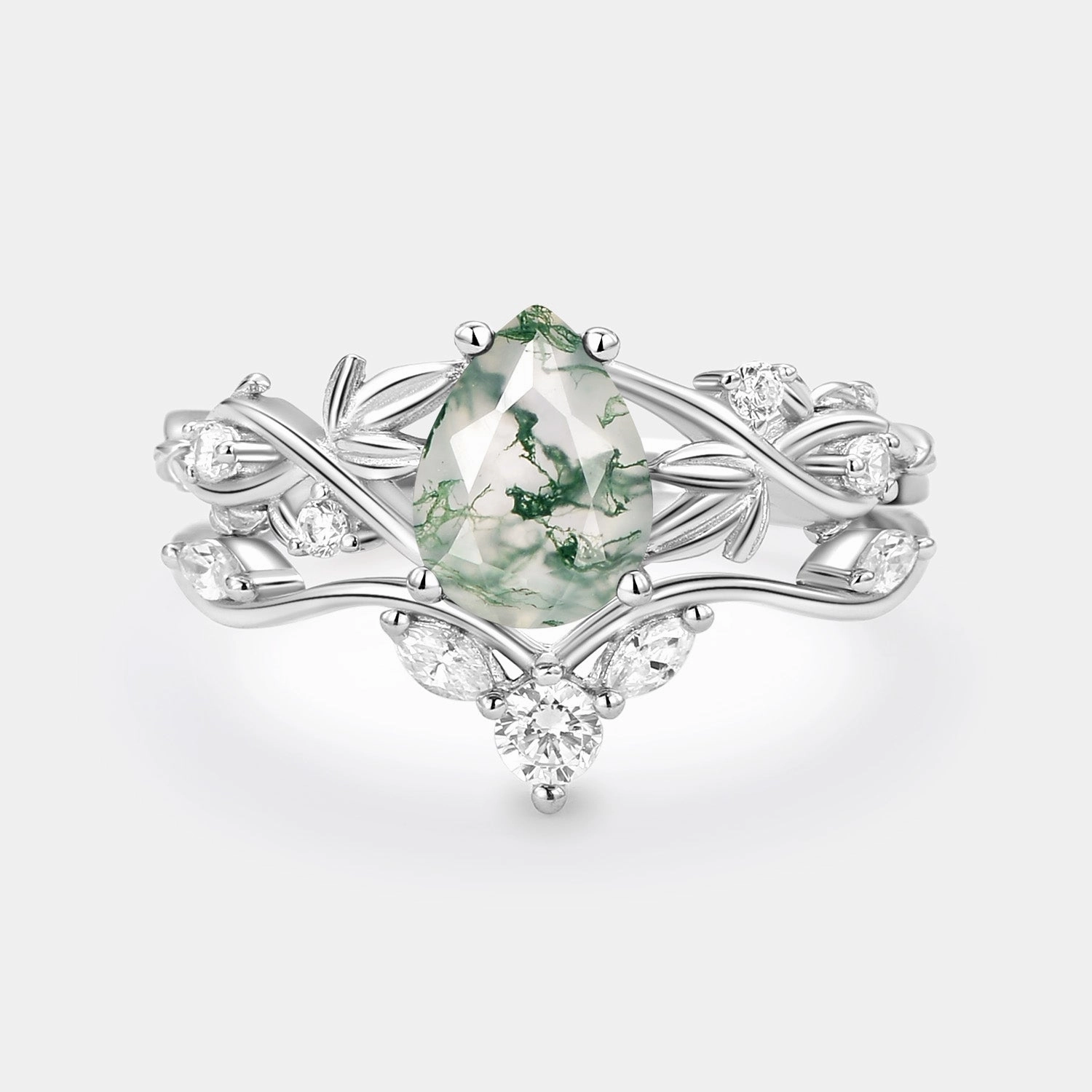 Pear Shaped Moss Agate Three Leaves Bridal Ring Set 2pcs Romantic Glow Classic Accent