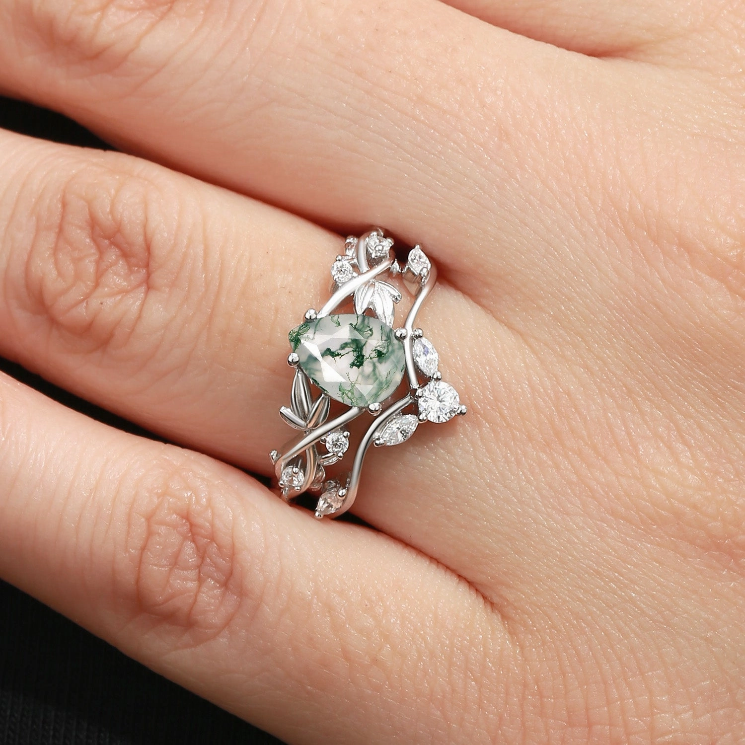 Elegant Gift Fashionable Accessory Pear Shaped Moss Agate Three Leaves Bridal Ring Set 2pcs