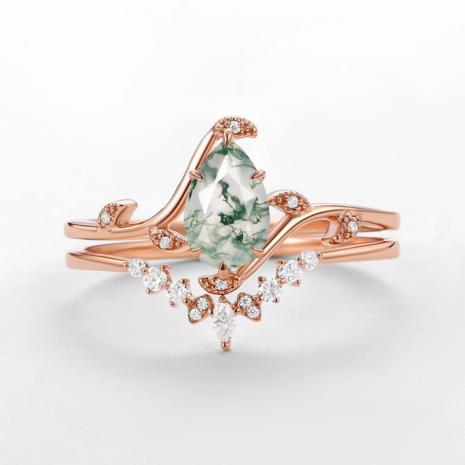 Variable Fit Universal Fit Unique Pear Cut Moss Agate Leafy Engagement Ring Sets 2pcs - Ivy