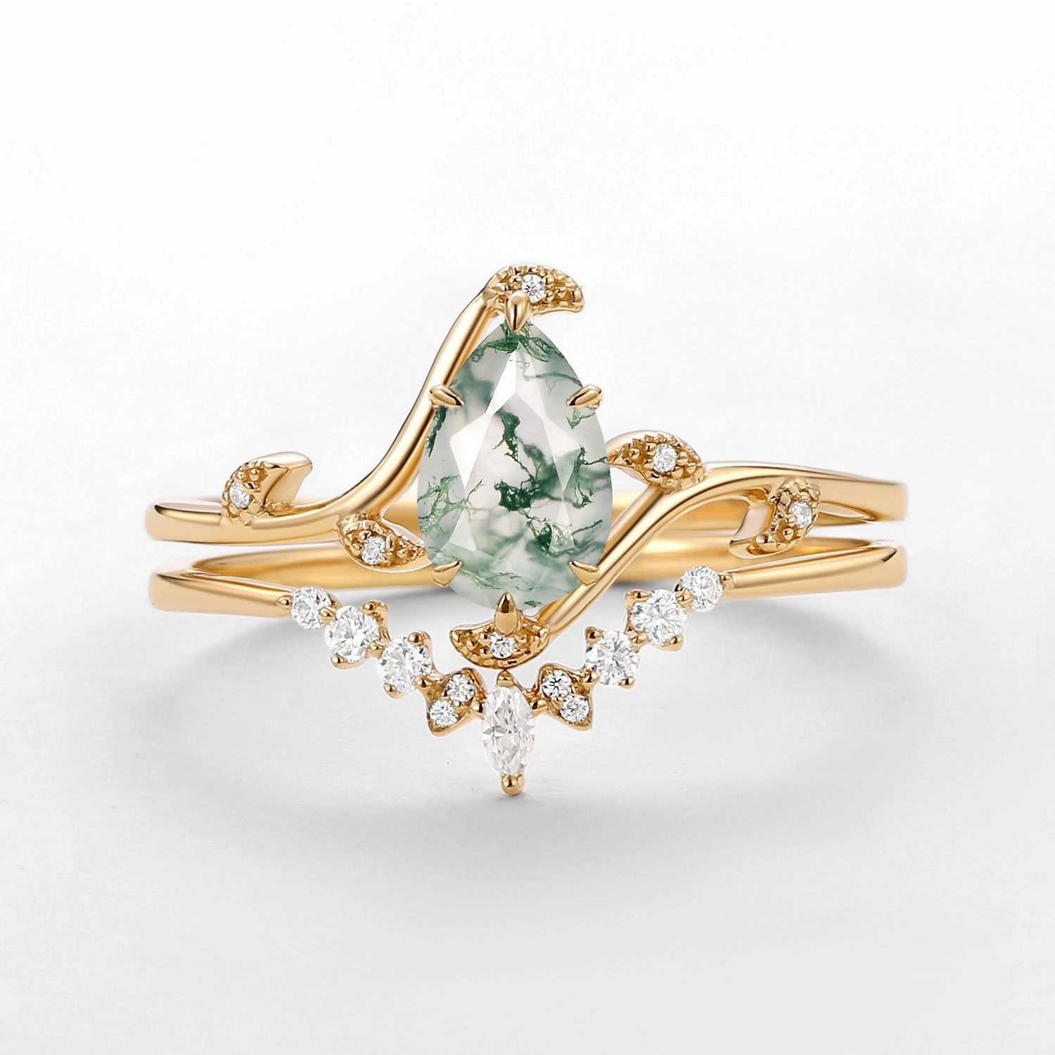 Luxury Accessories Seasonal Edge Unique Pear Cut Moss Agate Leafy Engagement Ring Sets 2pcs - Ivy