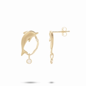 Spark Touch Bold Texture Bubble Dolphin Earrings in Gold with Diamonds - 20mm
