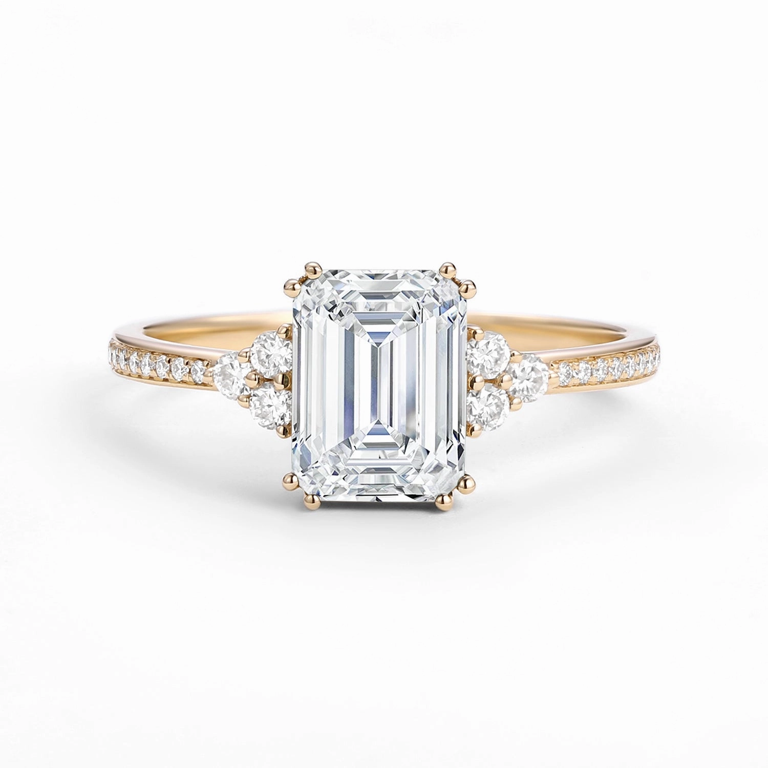 Classic Emerald Cut Moissanite Cluster Engagement Ring summer look Bold Pop