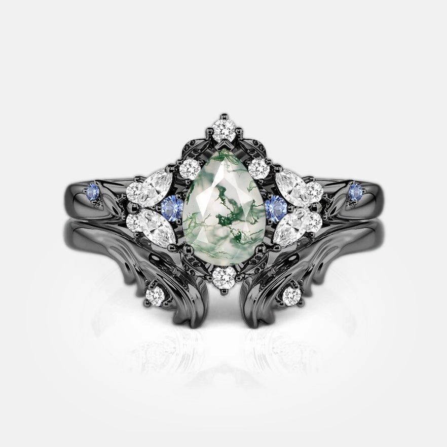 Pear Cut Cluster Moss Agate Engagement Ring Set 2pcs - Brya Lightweight accessory Universal Gift