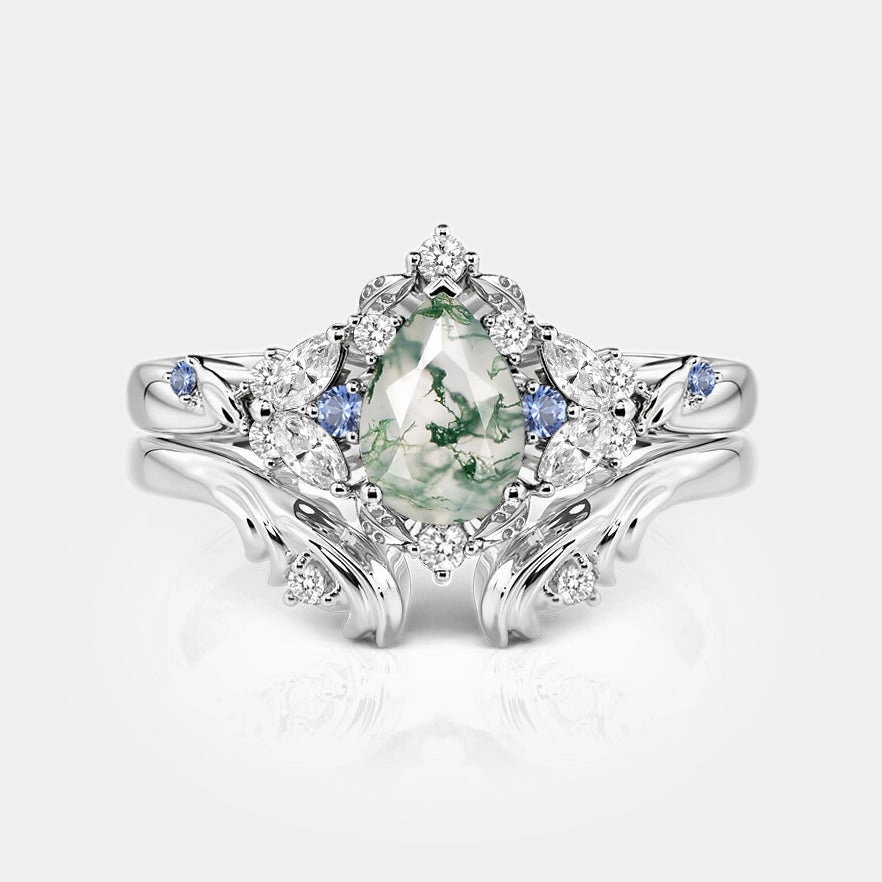 Luminous Look Pear Cut Cluster Moss Agate Engagement Ring Set 2pcs - Brya