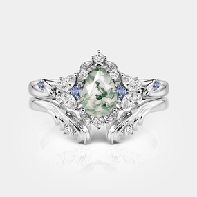 Pear Cut Cluster Moss Agate Engagement Ring Set 2pcs - Brya Outdoor Light Smooth Curve