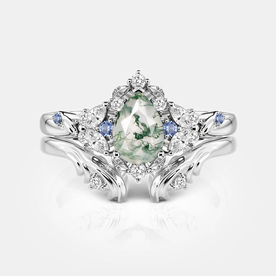 Groom Accessory Easy Maintenance Pear Cut Cluster Moss Agate Engagement Ring Set 2pcs - Brya