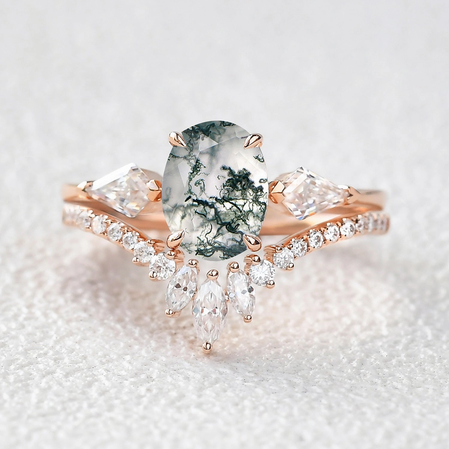 1.5ct Oval Moss Agate Kite Three Stones Engagement Ring Set 2pcs Iconic Touch Golden Tone