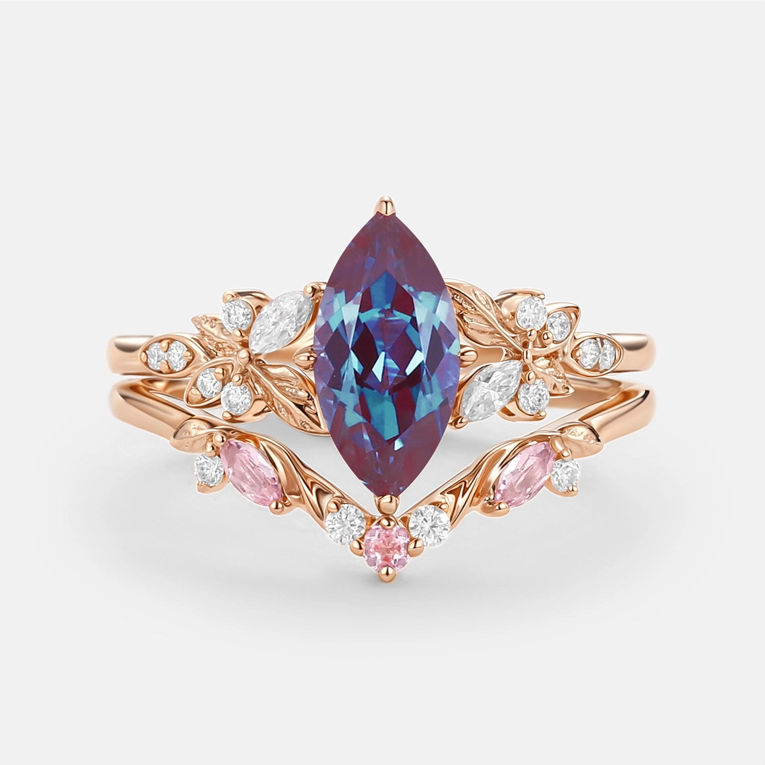 Classic Flow Marquise Lab Pink Sapphire Leafy Engagement Ring Sets 2pcs - Peony