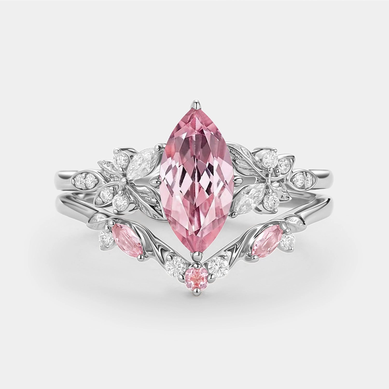 Fashionable Piece Marquise Lab Pink Sapphire Leafy Engagement Ring Sets 2pcs - Peony