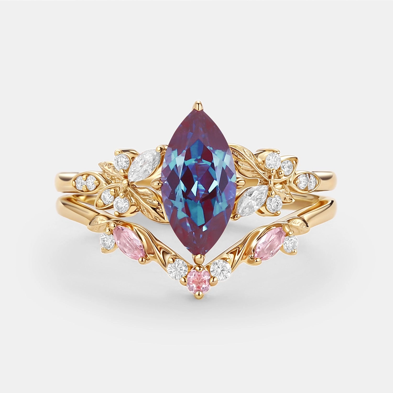 Marquise Lab Pink Sapphire Leafy Engagement Ring Sets 2pcs - Peony Fun Gift Vintage Inspiration