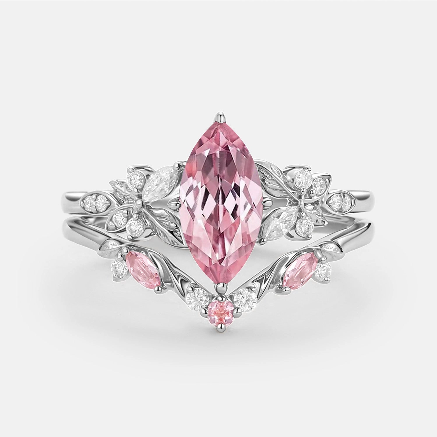 Marquise Lab Pink Sapphire Leafy Engagement Ring Sets 2pcs - Peony Lightweight Build