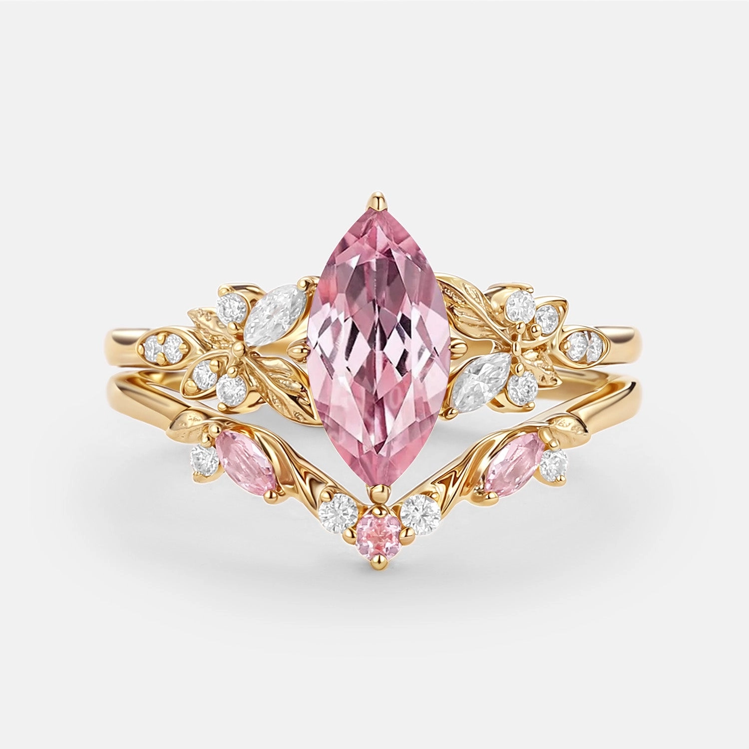 Marquise Lab Pink Sapphire Leafy Engagement Ring Sets 2pcs - Peony Muted Style