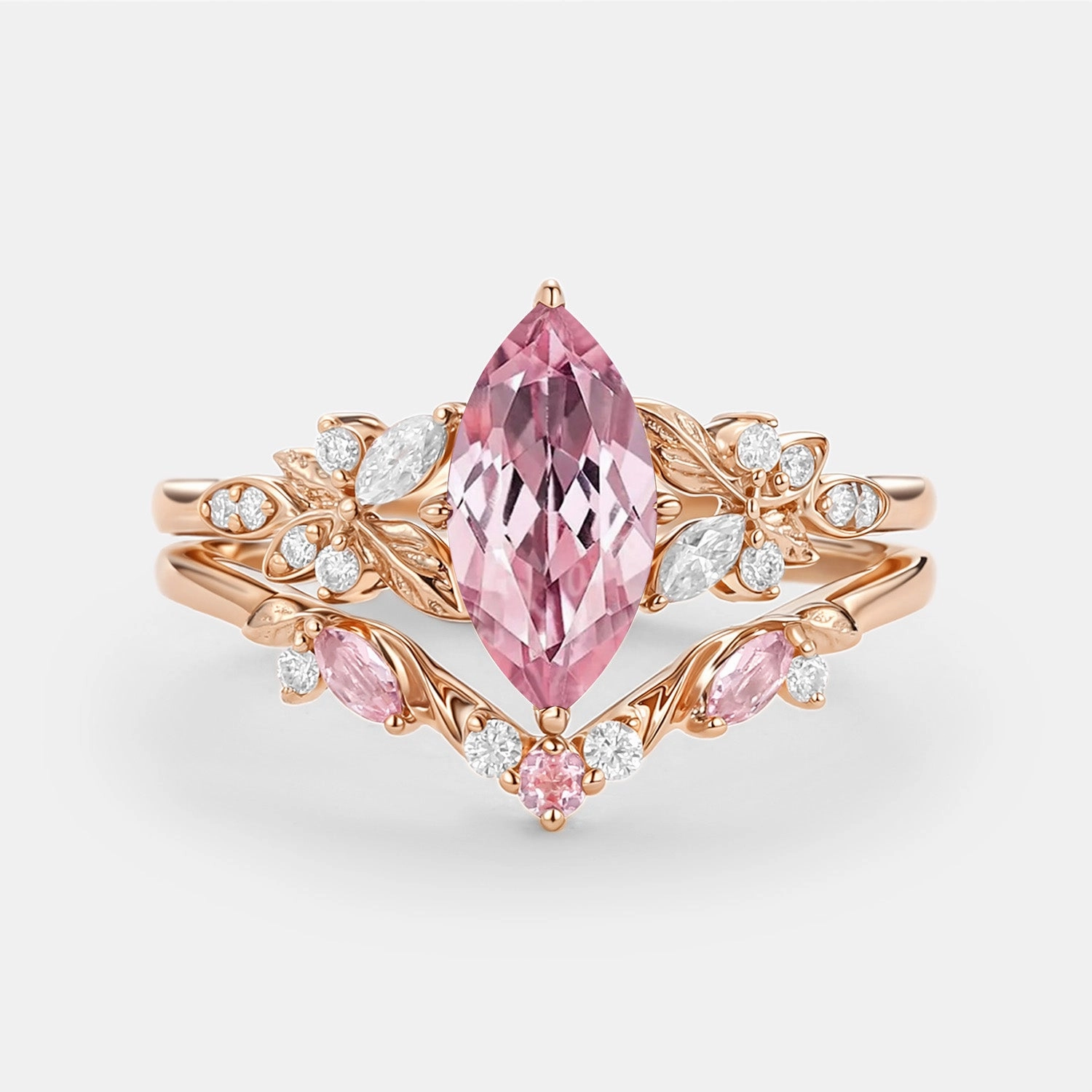 Dinner Party Natural Spark Marquise Lab Pink Sapphire Leafy Engagement Ring Sets 2pcs - Peony
