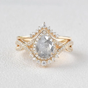 Signature Detail Daily Outfit Pear Shaped Salt and Pepper Diamonds Vintage Halo Infinity Ring Set 2pcs - Valentina