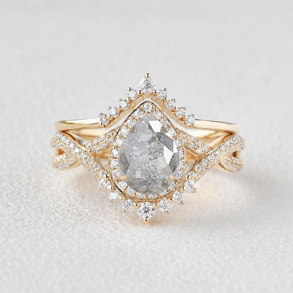 True Touch Layered Spark Pear Shaped Salt and Pepper Diamonds Vintage Halo Infinity Ring Set 2pcs - Valentina