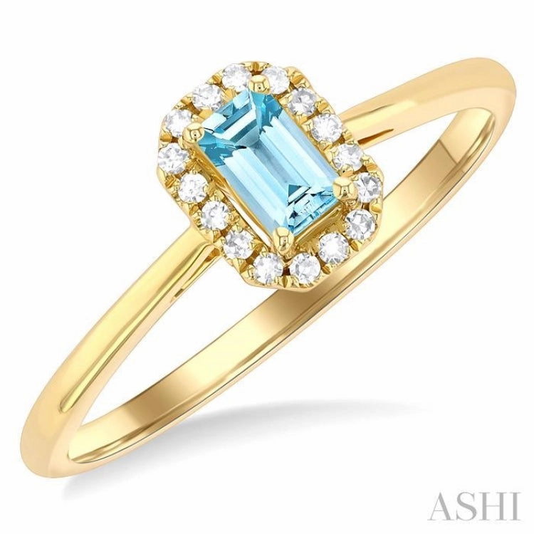 5x3 MM Octagonal Shape Aquamarine and 1/20 Ctw Single Cut Diamond Halo Semi-Precious Ring in 14K Yellow Gold Daily Form
