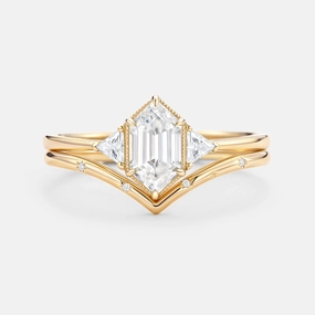 Vibrant Spark Long Hexagon Moissanite Engraved Bridal Ring Set 2pcs - Vega