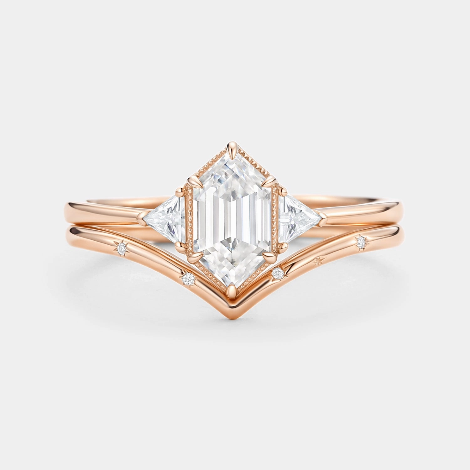 Sturdy Craft Long Hexagon Moissanite Engraved Bridal Ring Set 2pcs - Vega