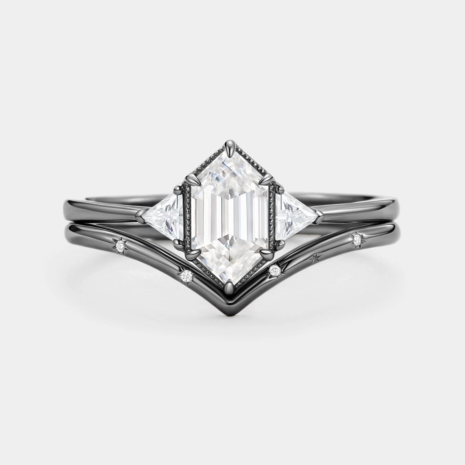 Long Hexagon Moissanite Engraved Bridal Ring Set 2pcs - Vega Lustrous Shine Luxury Balance