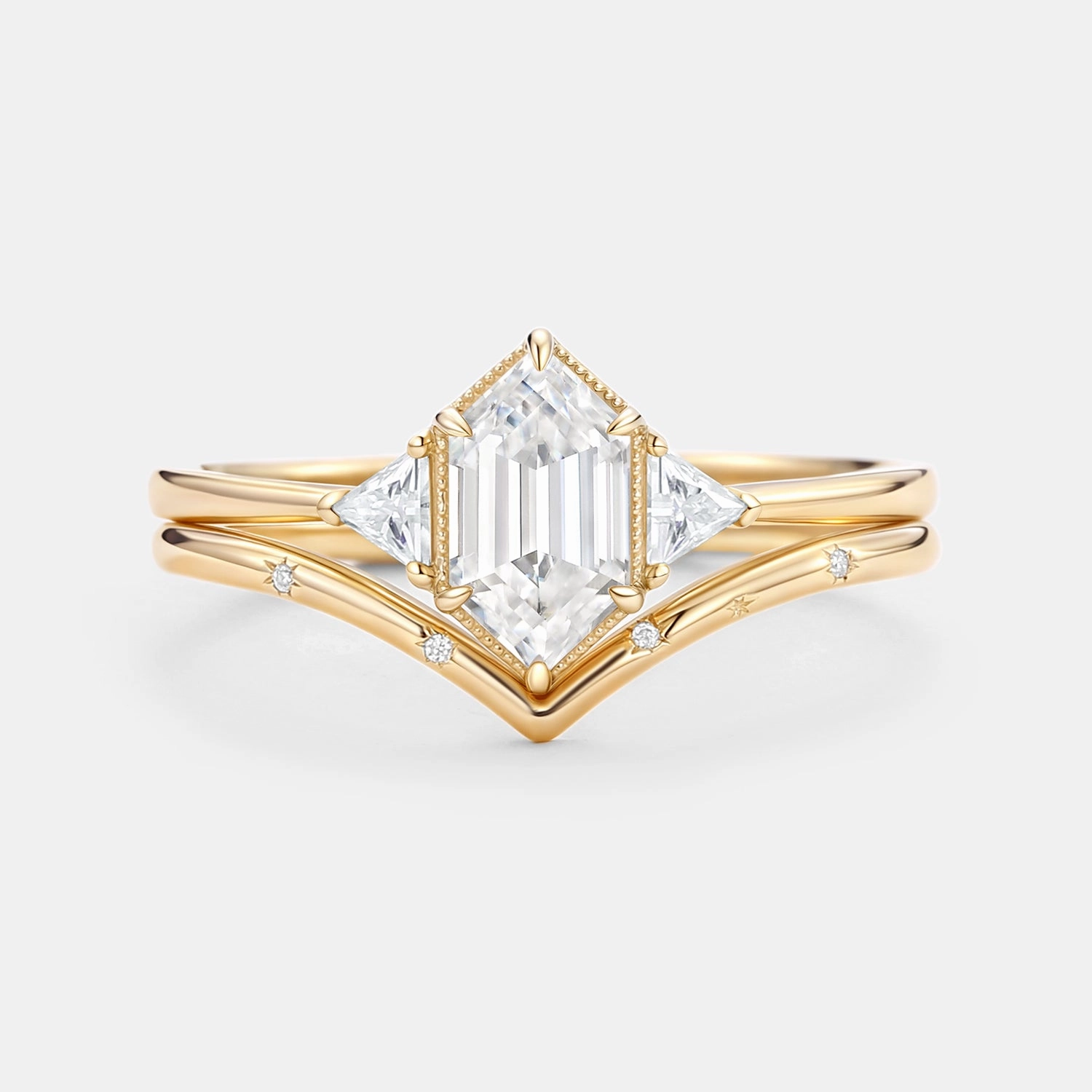 Vibrant Spark Long Hexagon Moissanite Engraved Bridal Ring Set 2pcs - Vega