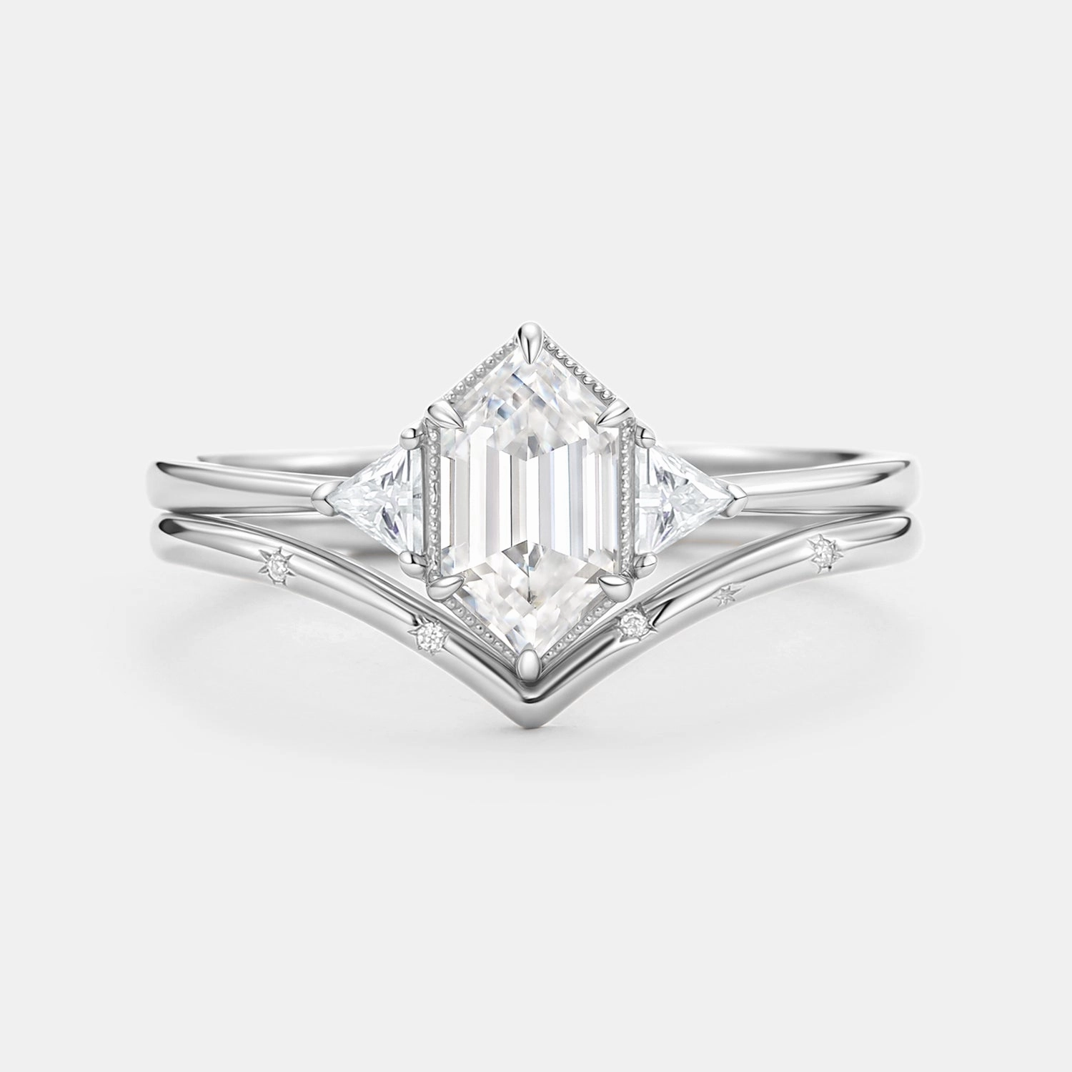 Trendy Layer Custom Accessories Long Hexagon Moissanite Engraved Bridal Ring Set 2pcs - Vega