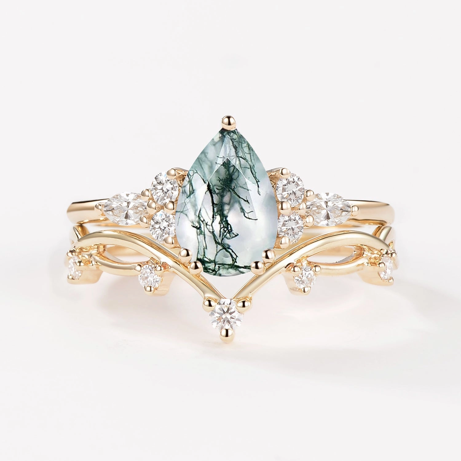 Elite Shape Custom pieces Branches Pear Moss Agate Leafy Ring Set 2pcs - Ona