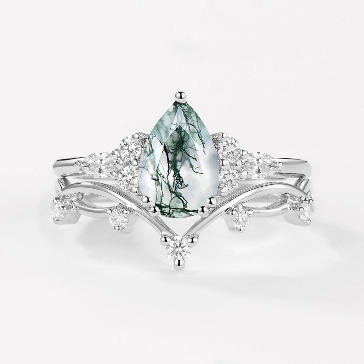 Branches Pear Moss Agate Leafy Ring Set 2pcs - Ona Elegant Pieces Opulent Gem