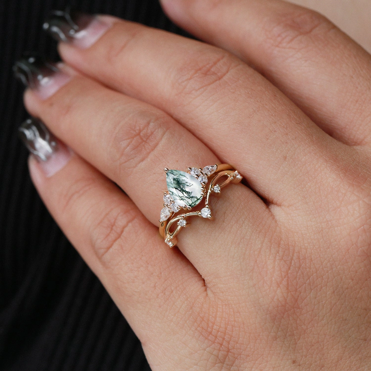 Glamorous Edge Branches Pear Moss Agate Leafy Ring Set 2pcs - Ona