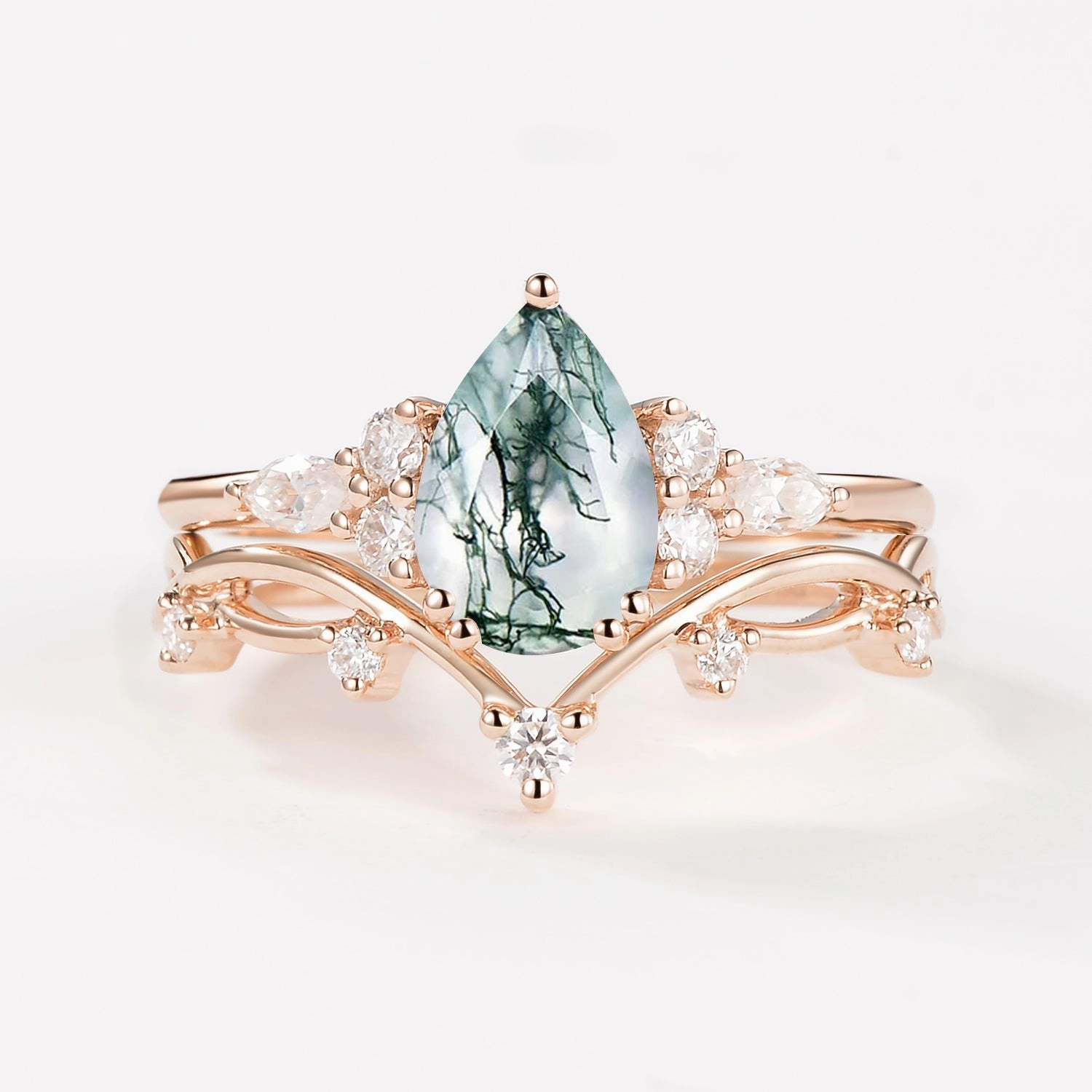 Accessory Product Lightweight Gift Branches Pear Moss Agate Leafy Ring Set 2pcs - Ona