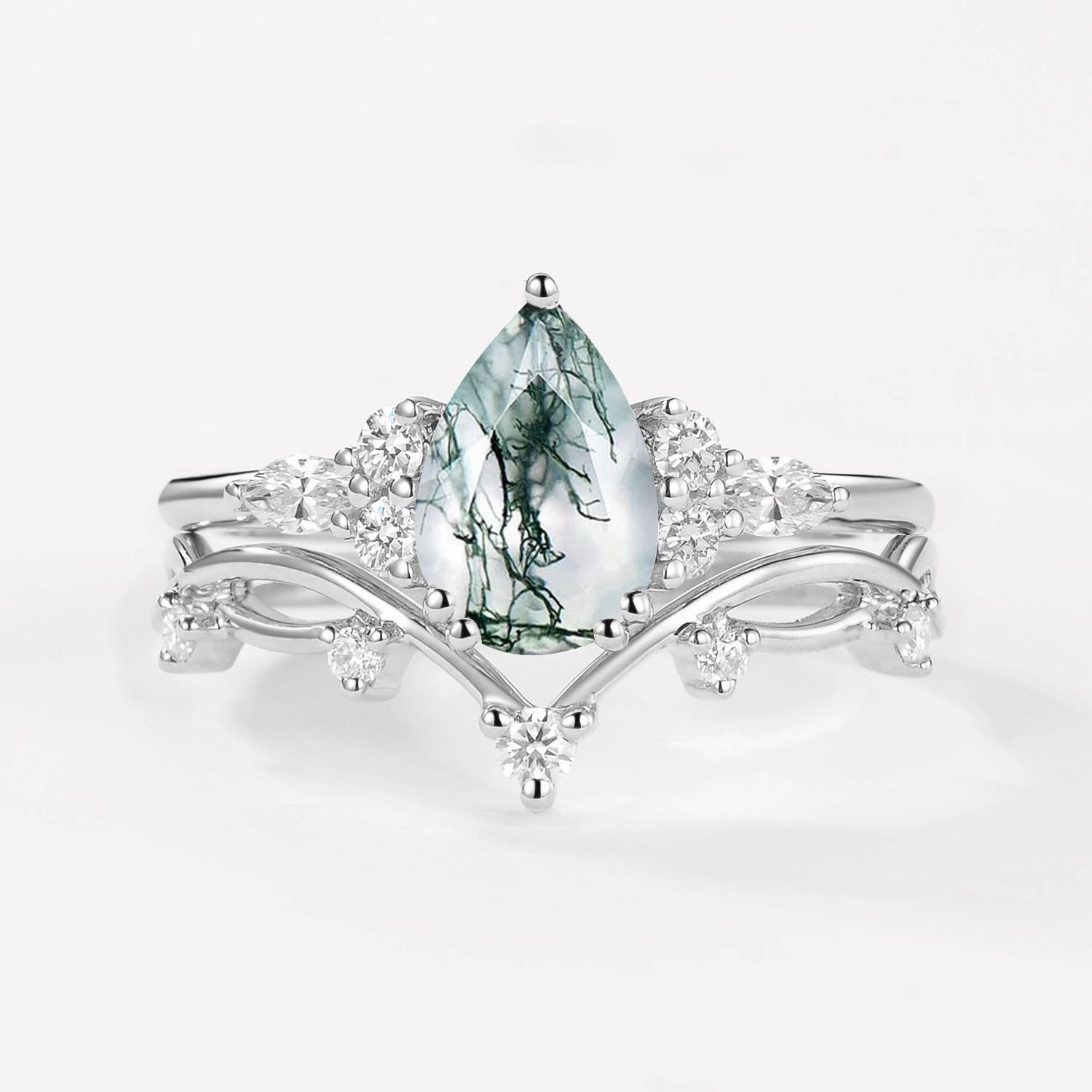 Branches Pear Moss Agate Leafy Ring Set 2pcs - Ona Youth Gift