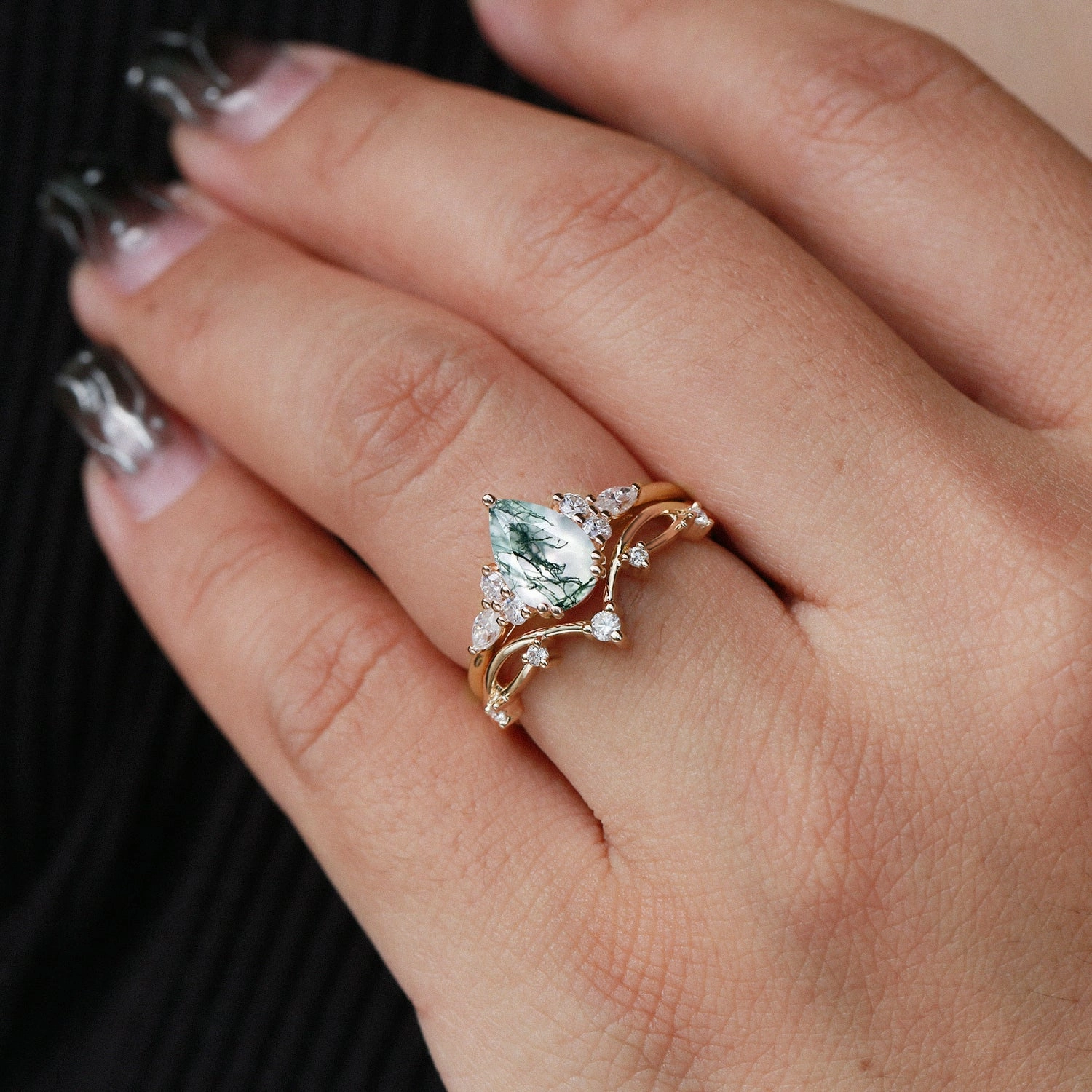 Classic Keepsake Sentimental Style Branches Pear Moss Agate Leafy Ring Set 2pcs - Ona