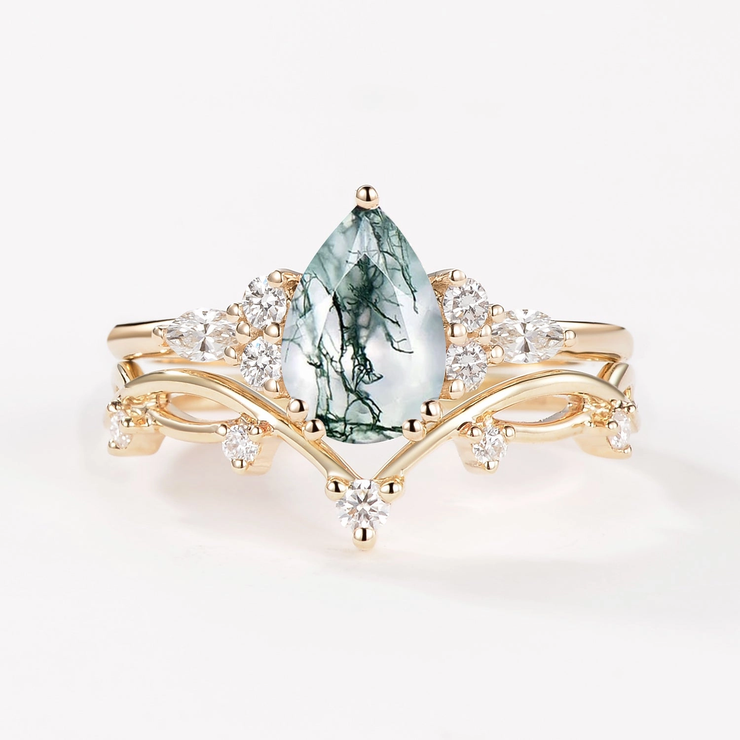 Excellent Style Branches Pear Moss Agate Leafy Ring Set 2pcs - Ona
