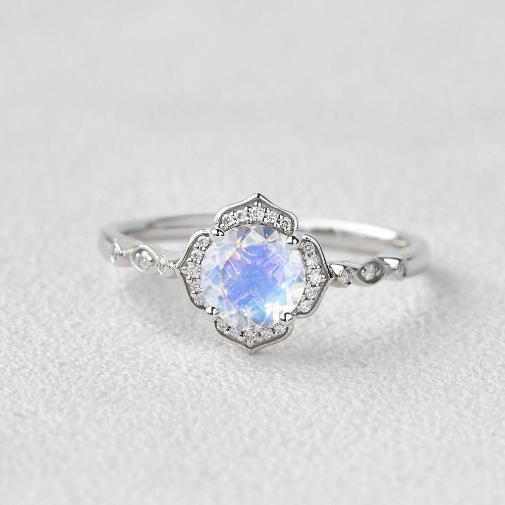 Clean Accent Budget Item Round Cut Moonstone & Moissanite White Gold Ring