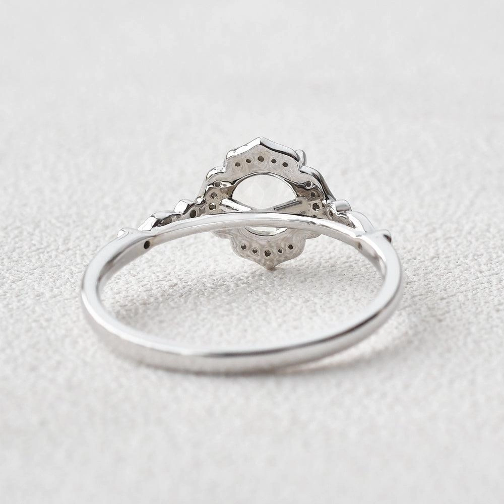 Round Cut Moonstone & Moissanite White Gold Ring Luxurious Feel Luxury Line