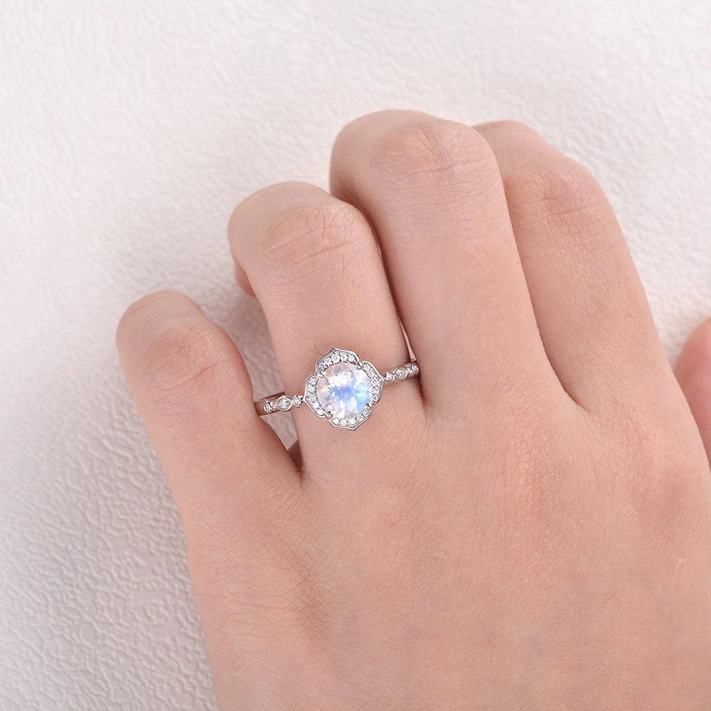 Shock Proof Excellent Item Round Cut Moonstone & Moissanite White Gold Ring